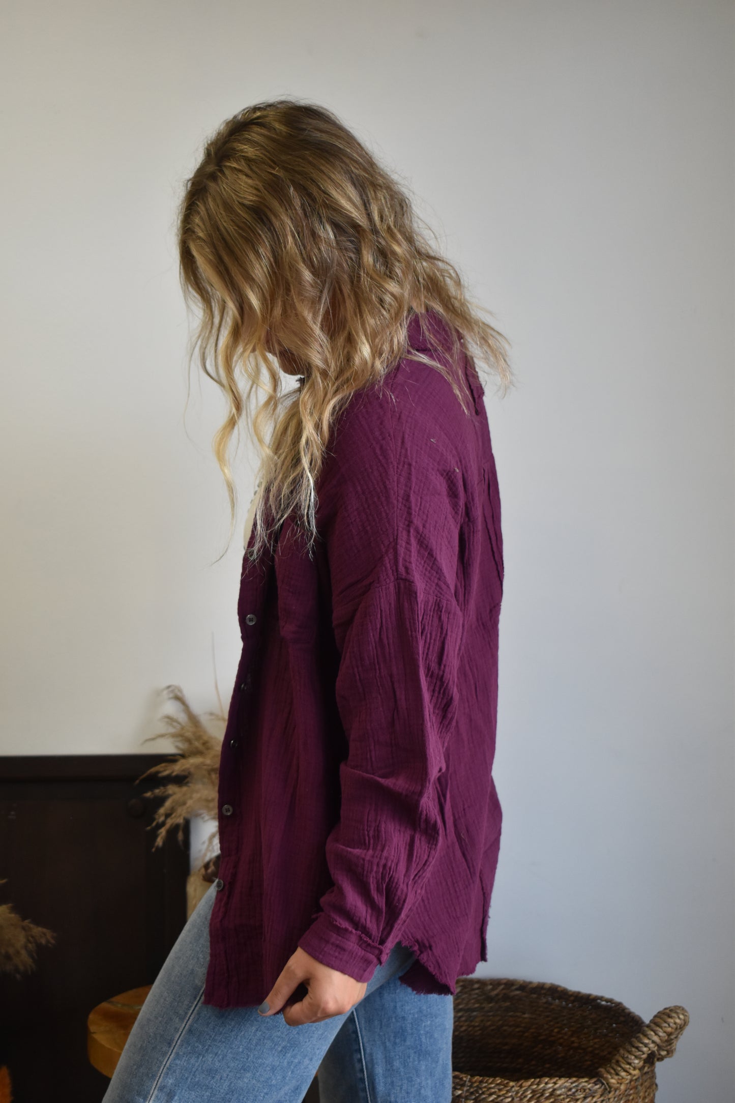 Plum Gauze Long Sleeve Button Down