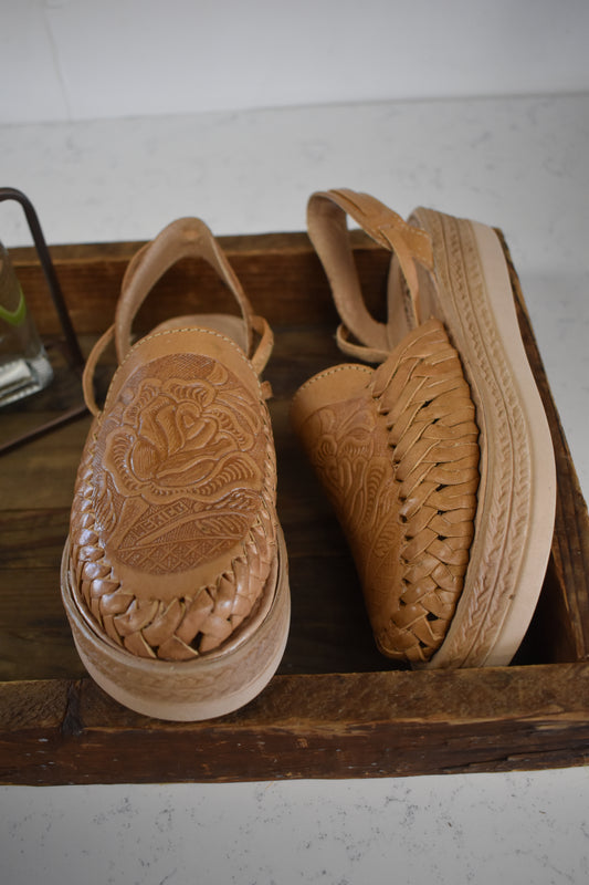 Tan Tooled Platform Flower Mule Wrap Sandals