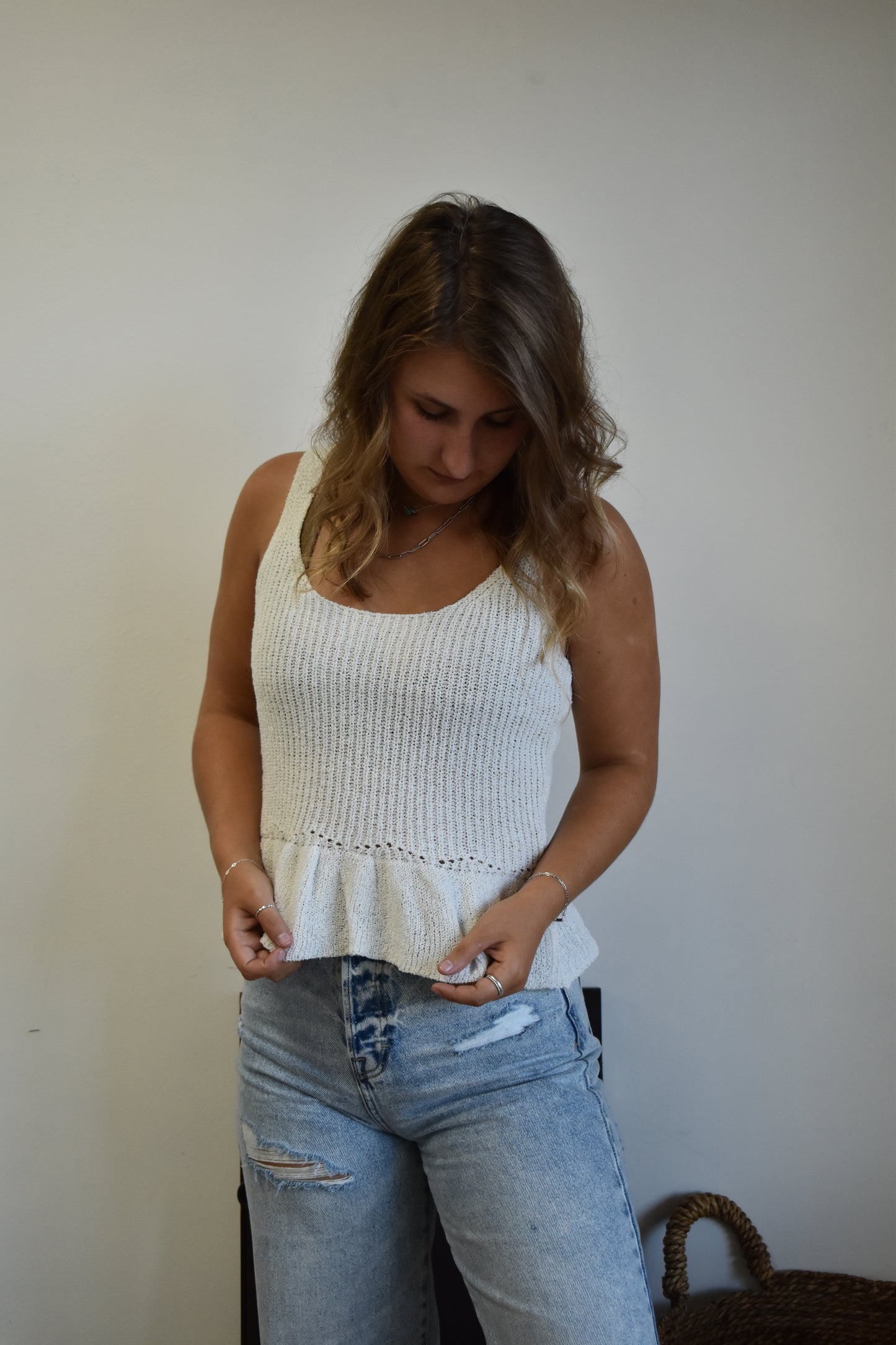 Cream Peplum Sweater Knit Tank