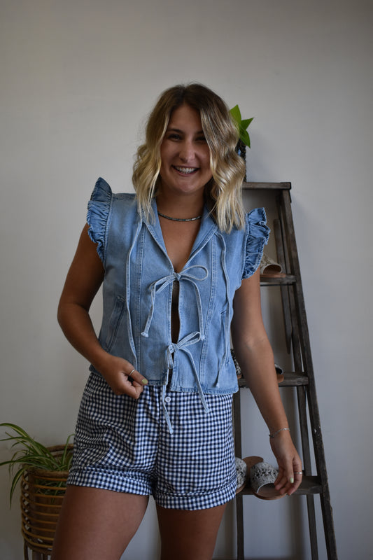 Light Denim Ruffle Penny Vest