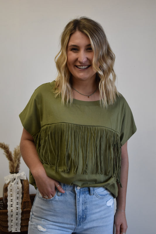 Olive Short Sleeve Fringe Top