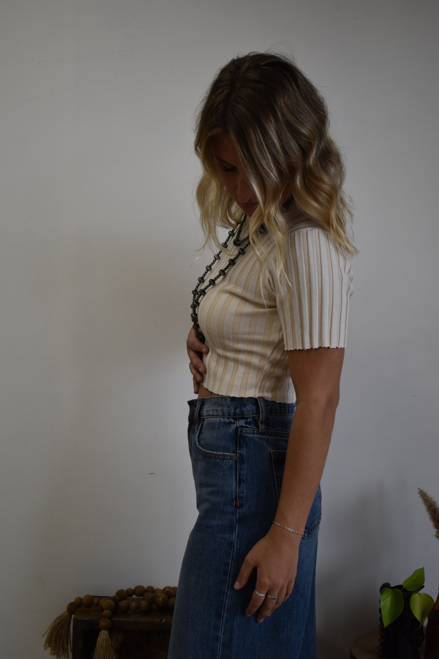 Ivory Striped Short Sleeve Basic