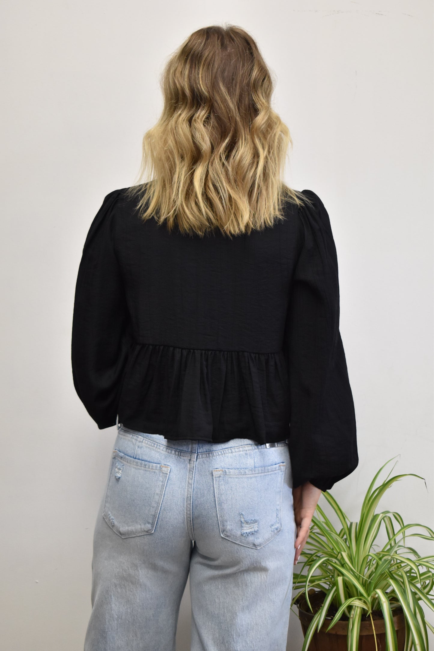 Embroidered Front Tie Long Sleeve Top