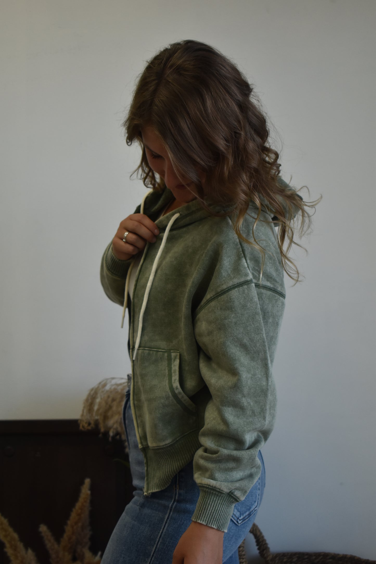 Acid Wash Cropped Zip-Up Hoodie