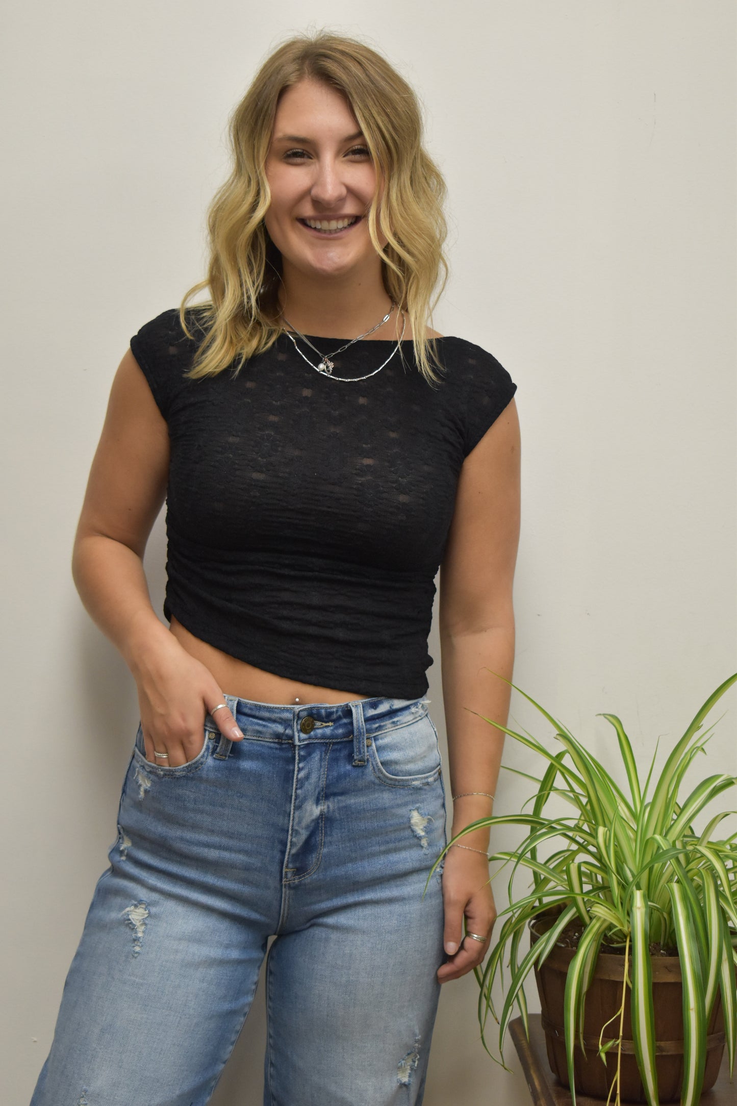 Black Sheer Round Neck Top