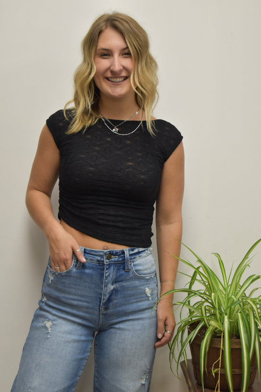 Black Sheer Round Neck Top
