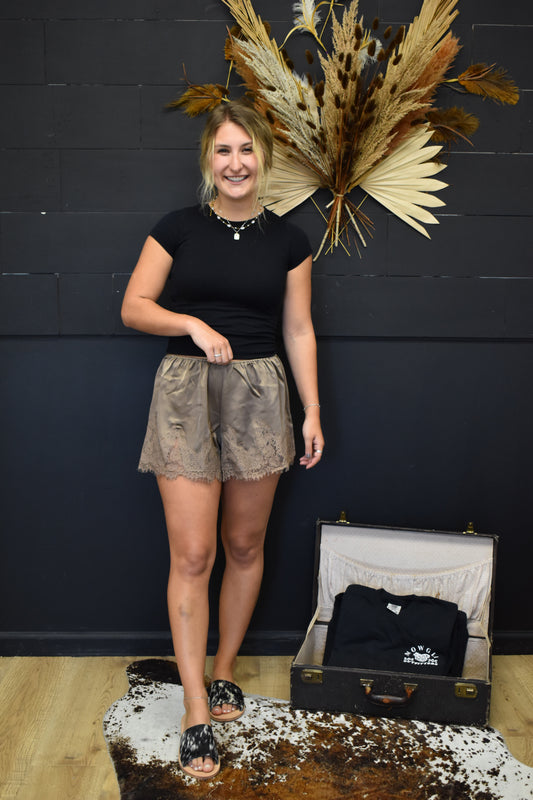 Mocha Satin Lace Shorts