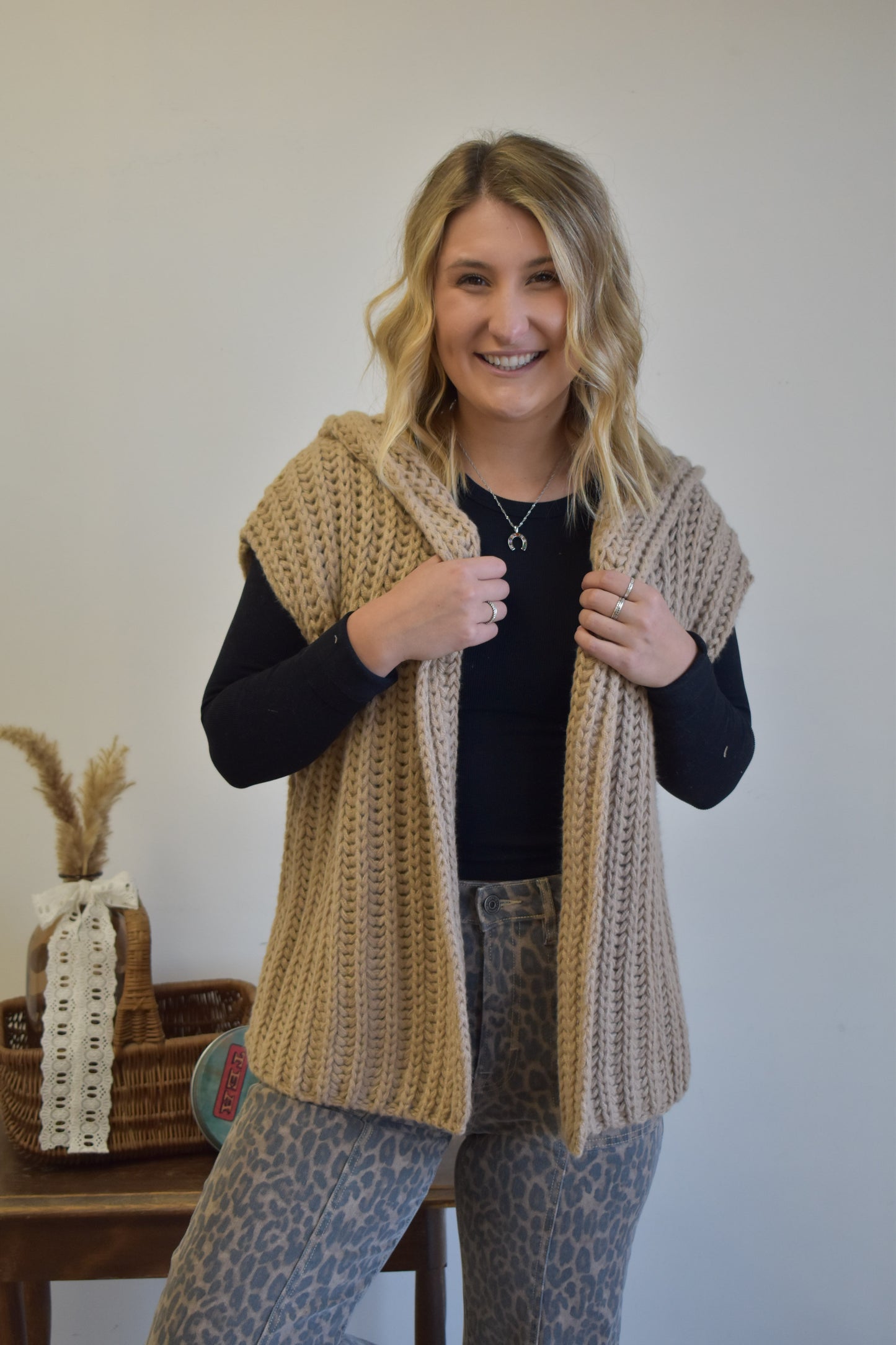 Oatmeal Chunky Knit Hooded Vest