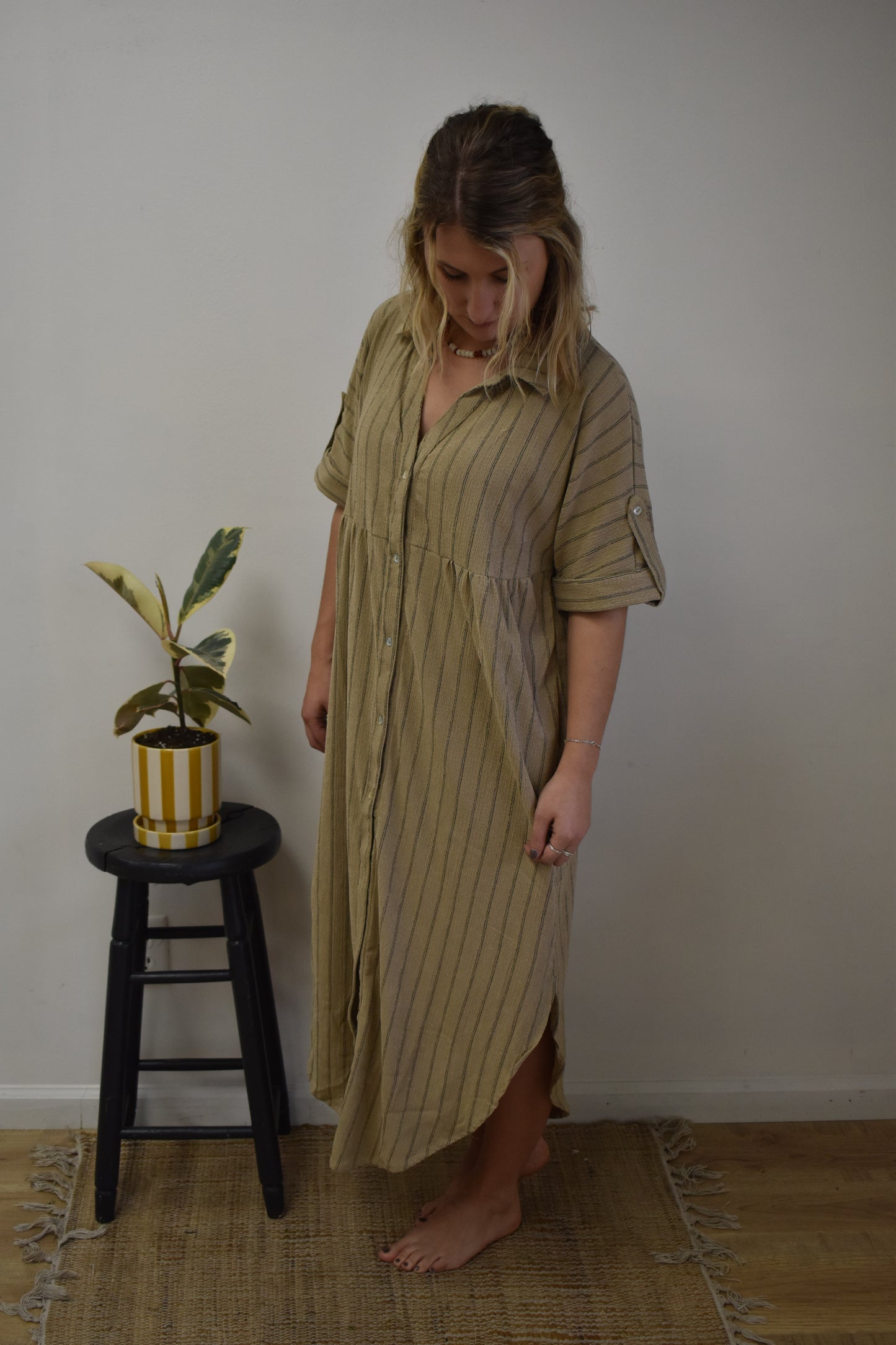 Taupe Striped Linen Button Down Dress