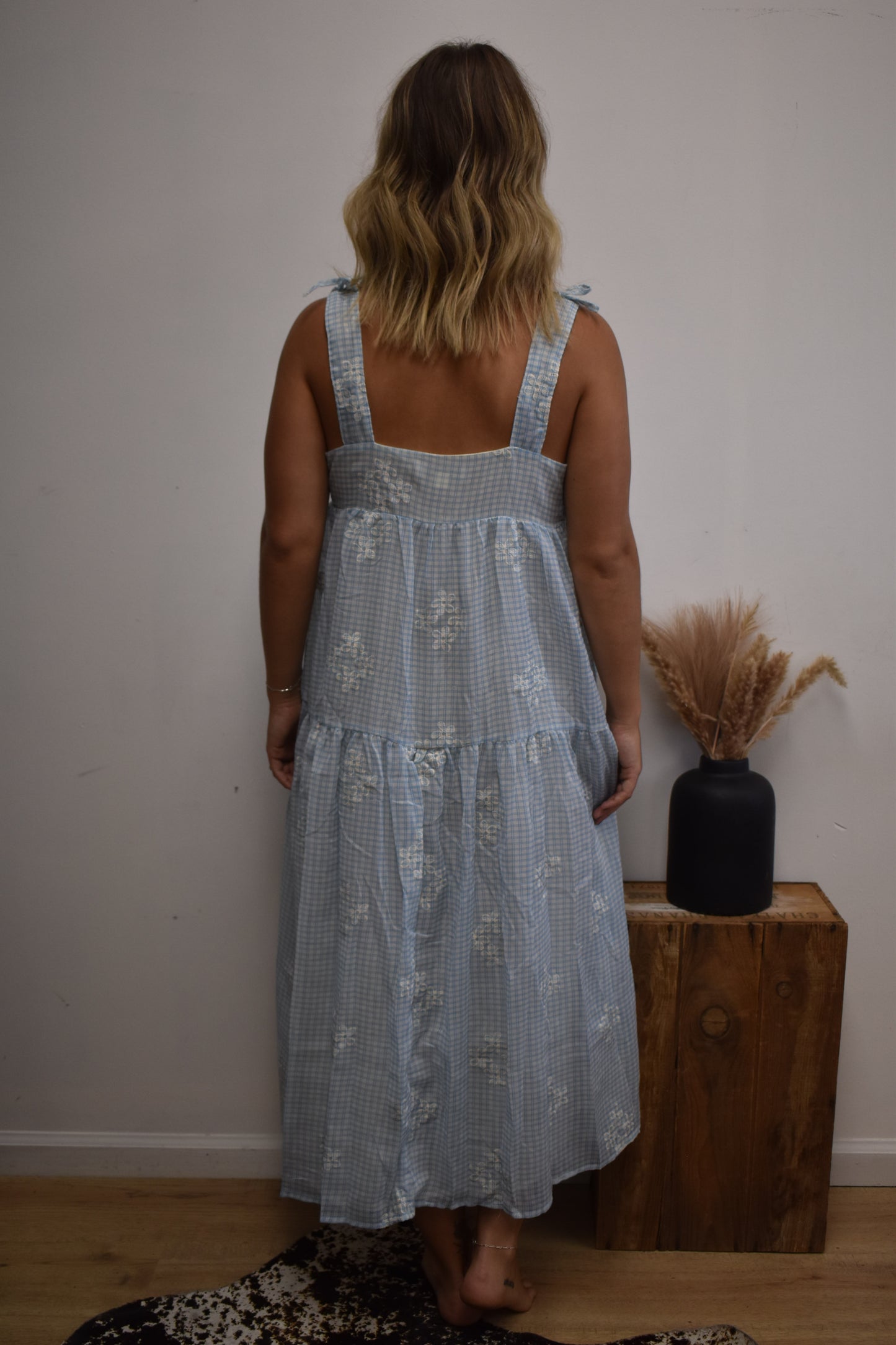 Gingham Daisy Dress: Baby Blue