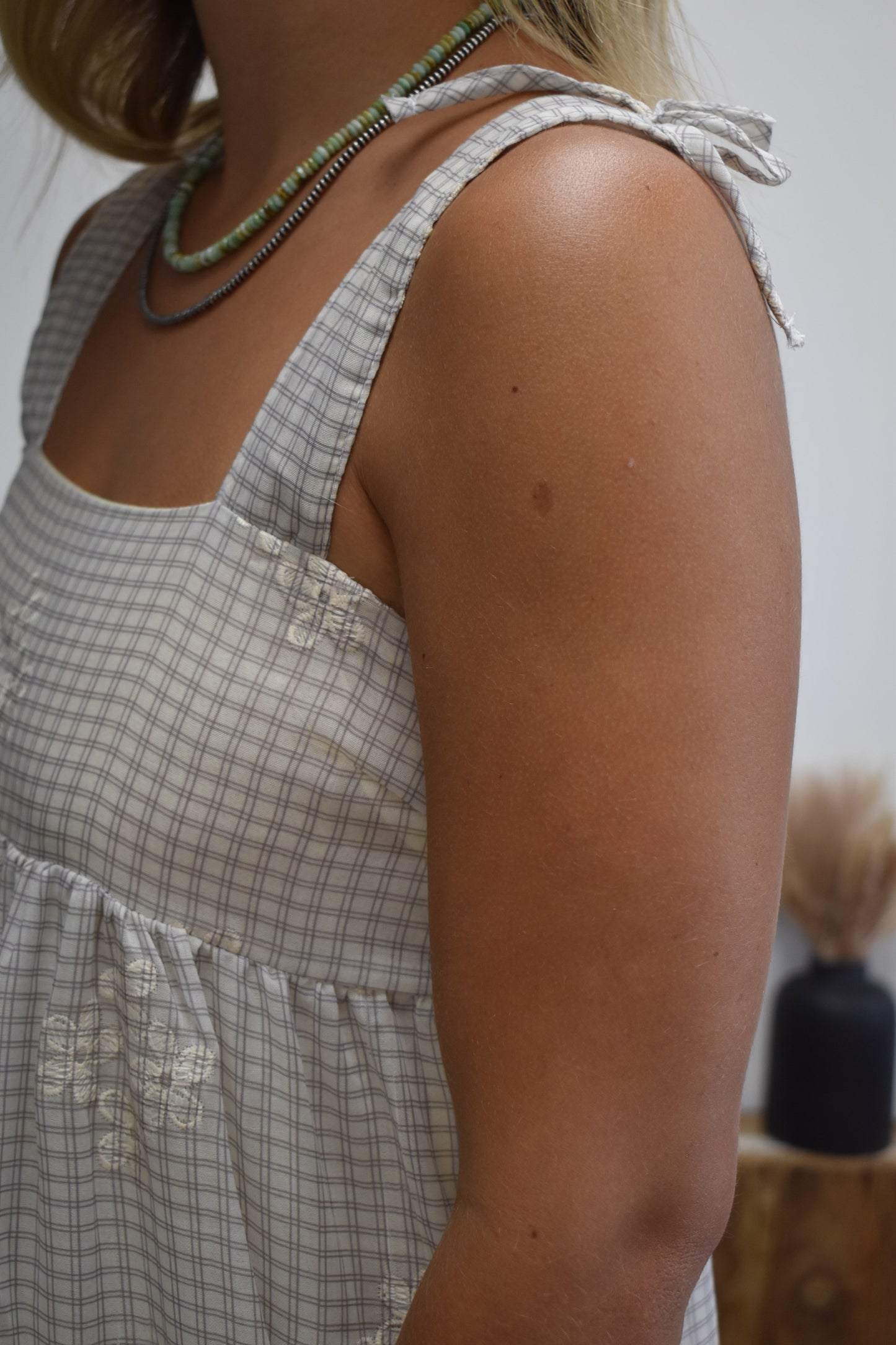 Gingham Daisy Dress: Cream