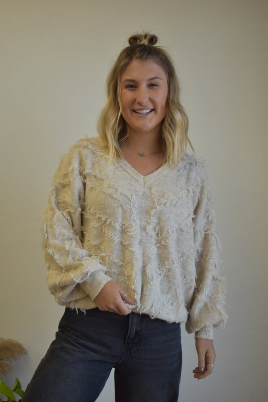 Oatmeal V-Neck Detailed Sweater