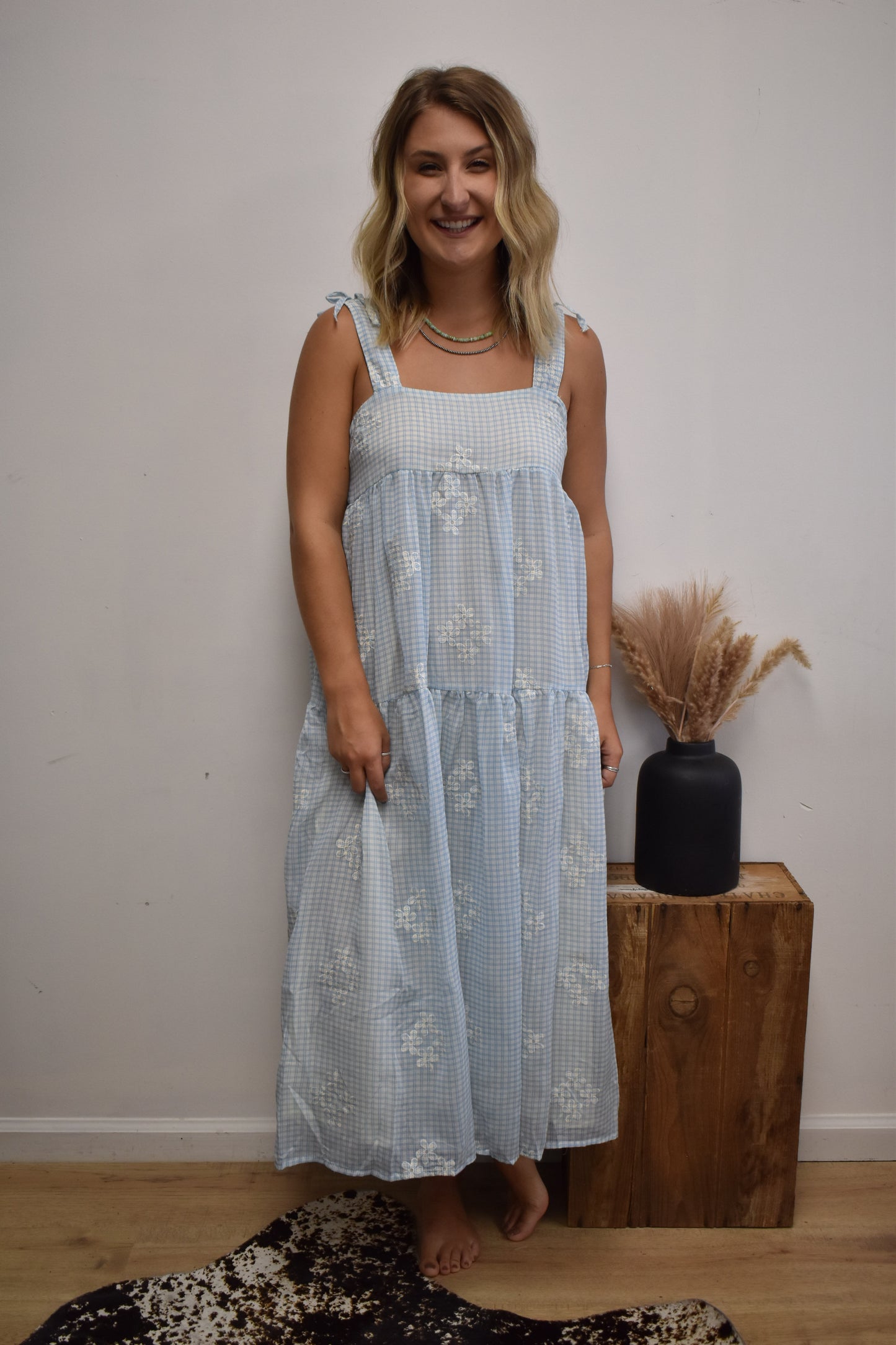 Gingham Daisy Dress: Baby Blue