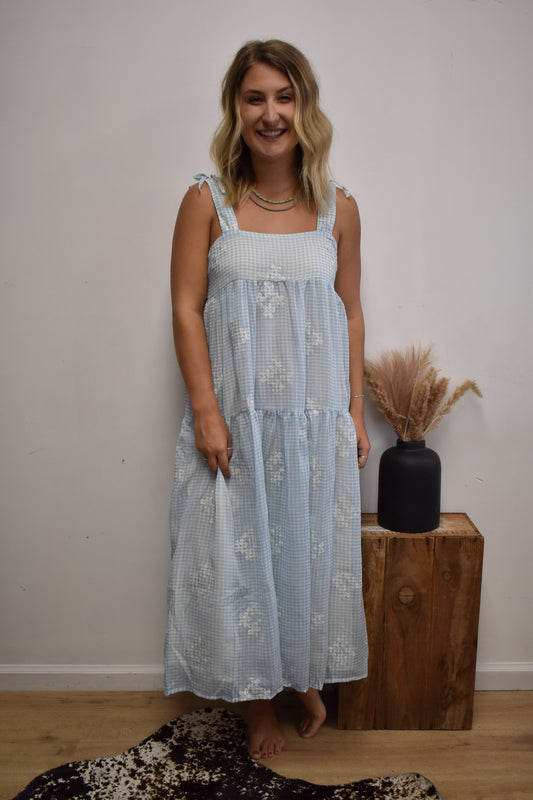 Gingham Daisy Dress: Baby Blue