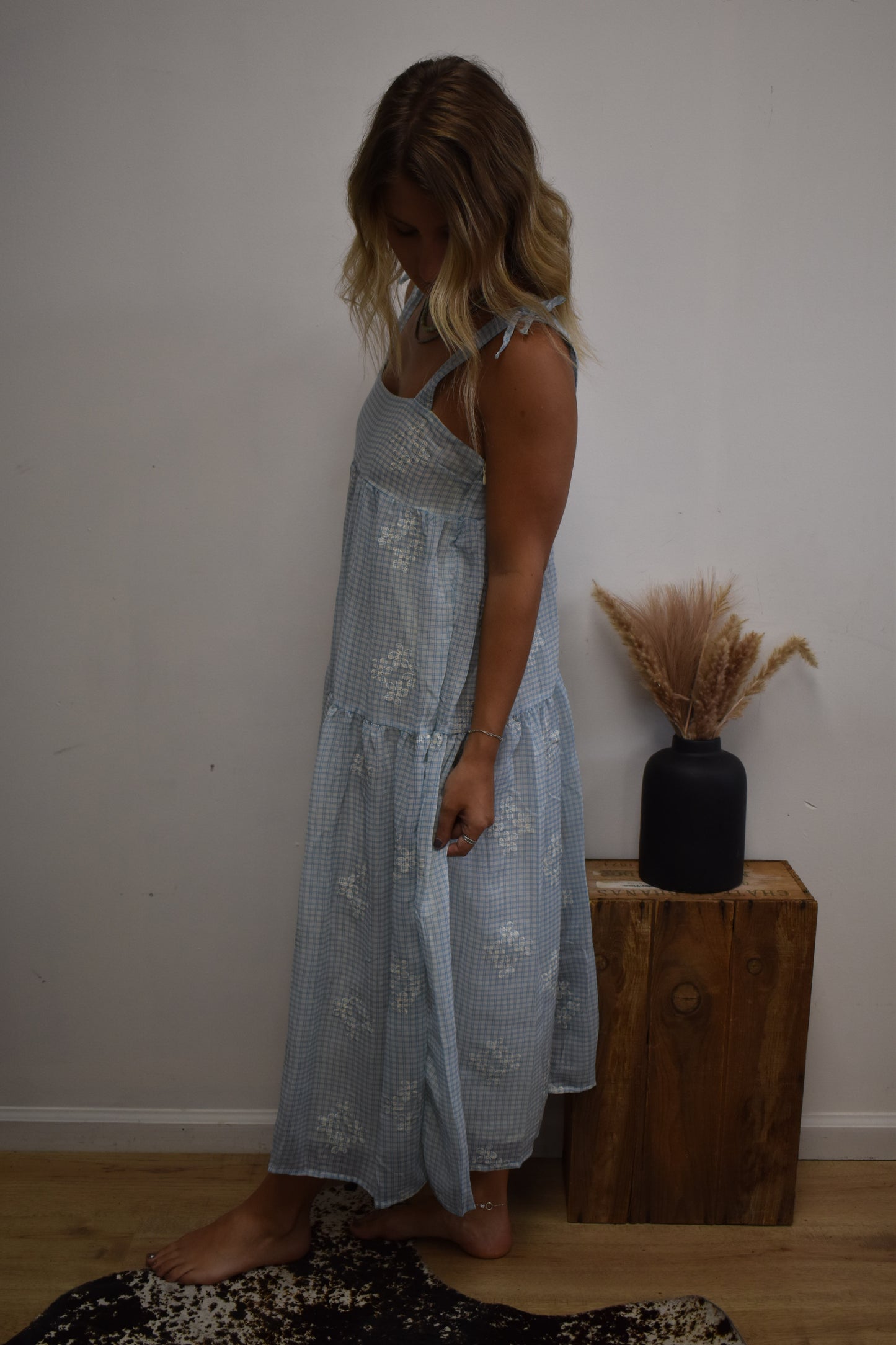 Gingham Daisy Dress: Baby Blue