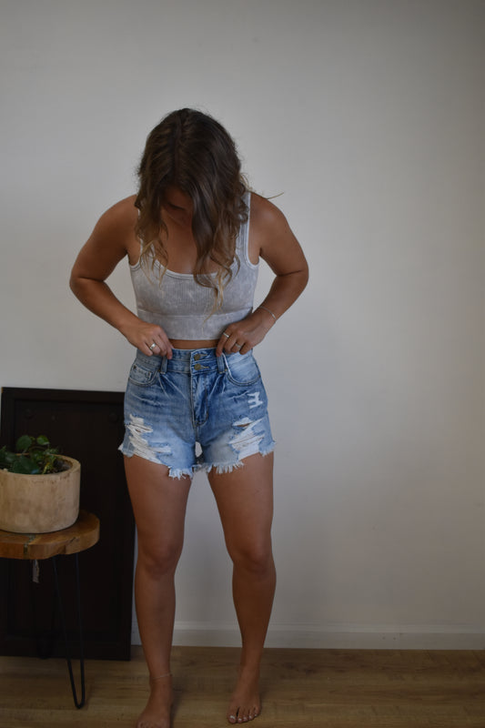 Double Button Light Wash Denim Shorts