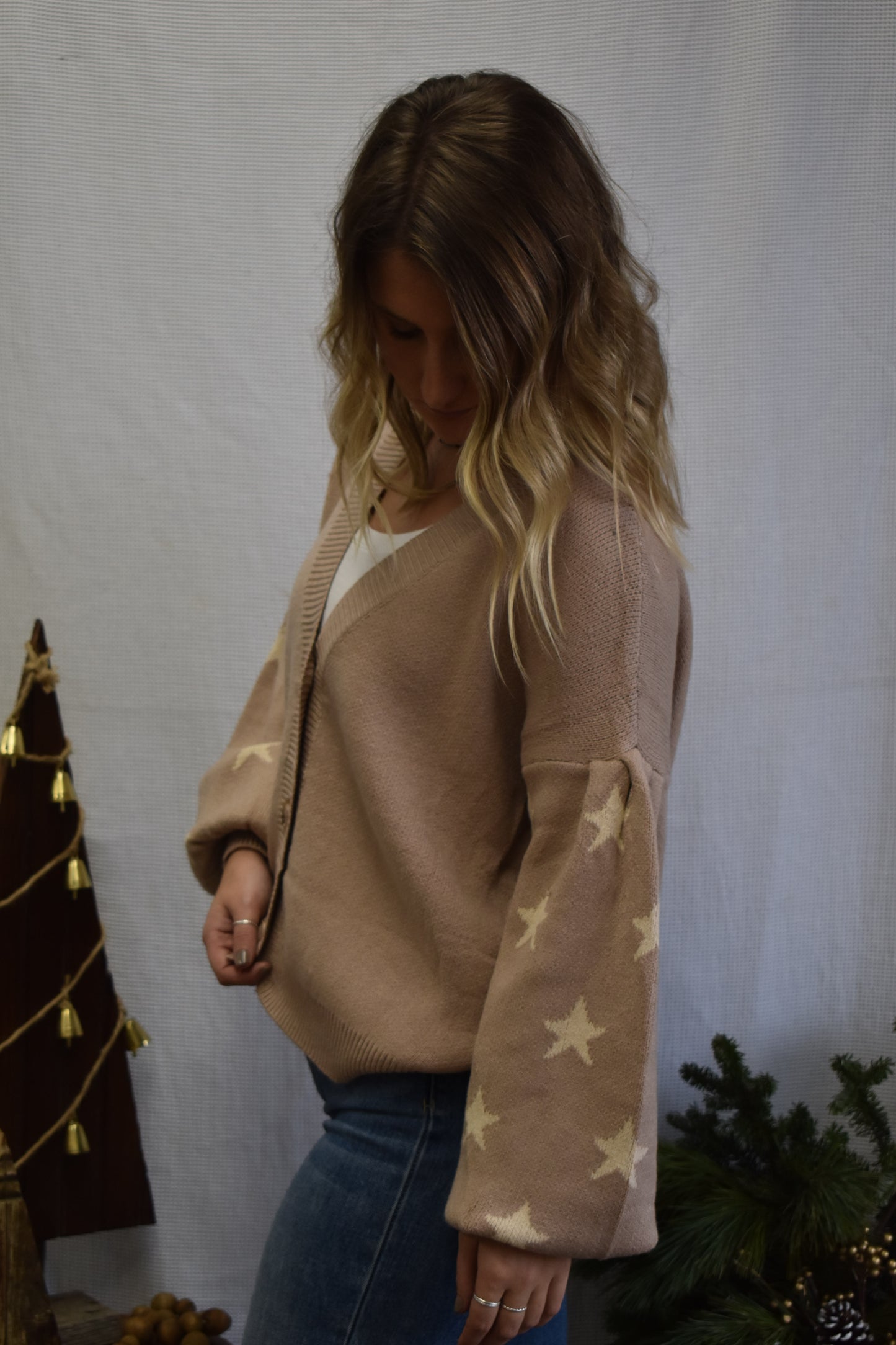 Taupe Puff Sleeve Star Sweater