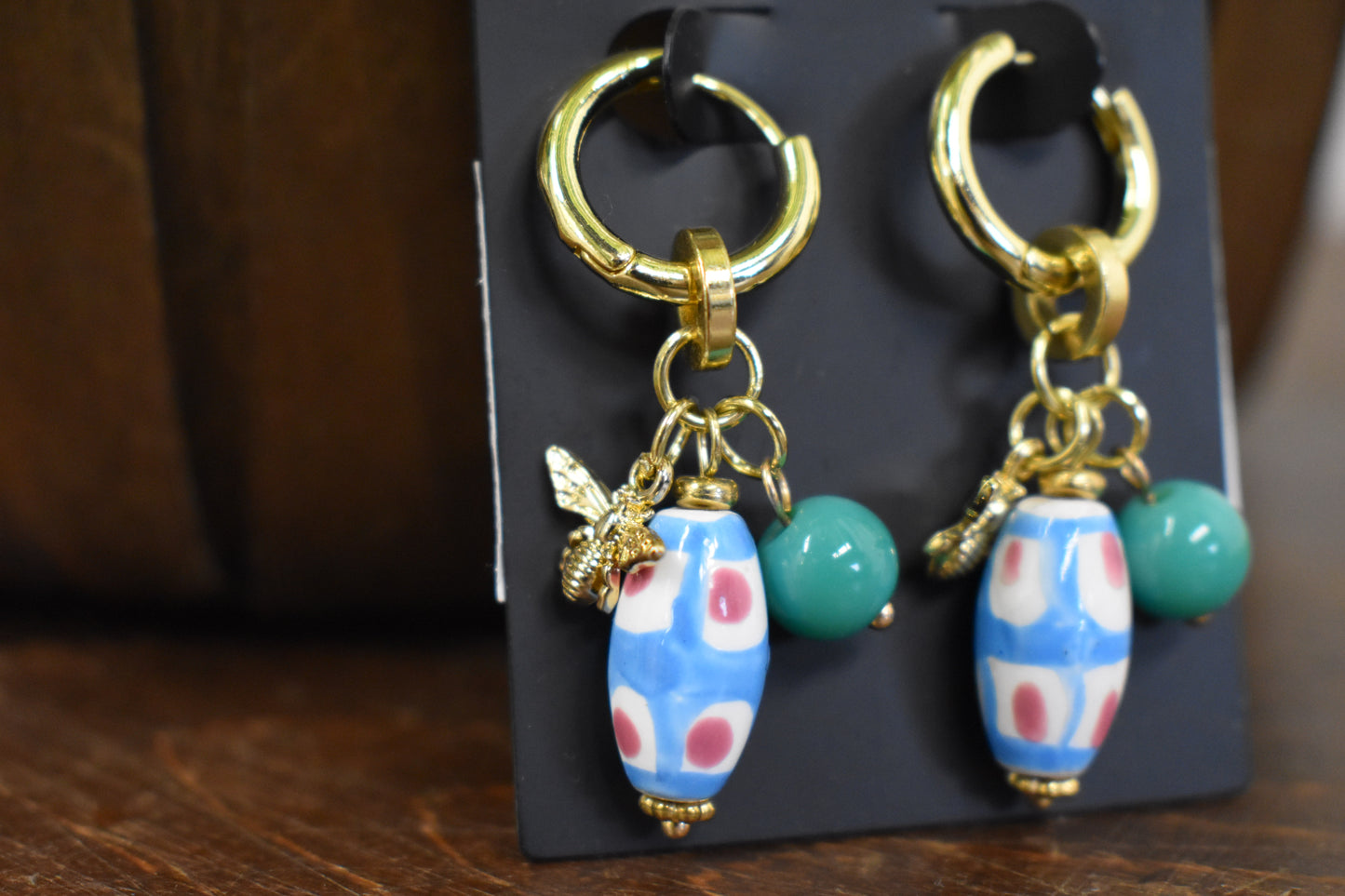 Bee & Turquoise Stone Charm Hoop Earrings