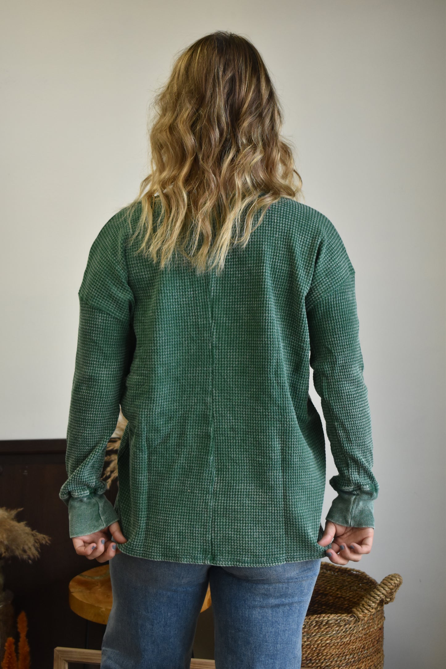 Forest Waffle Knit Henley Long Sleeve