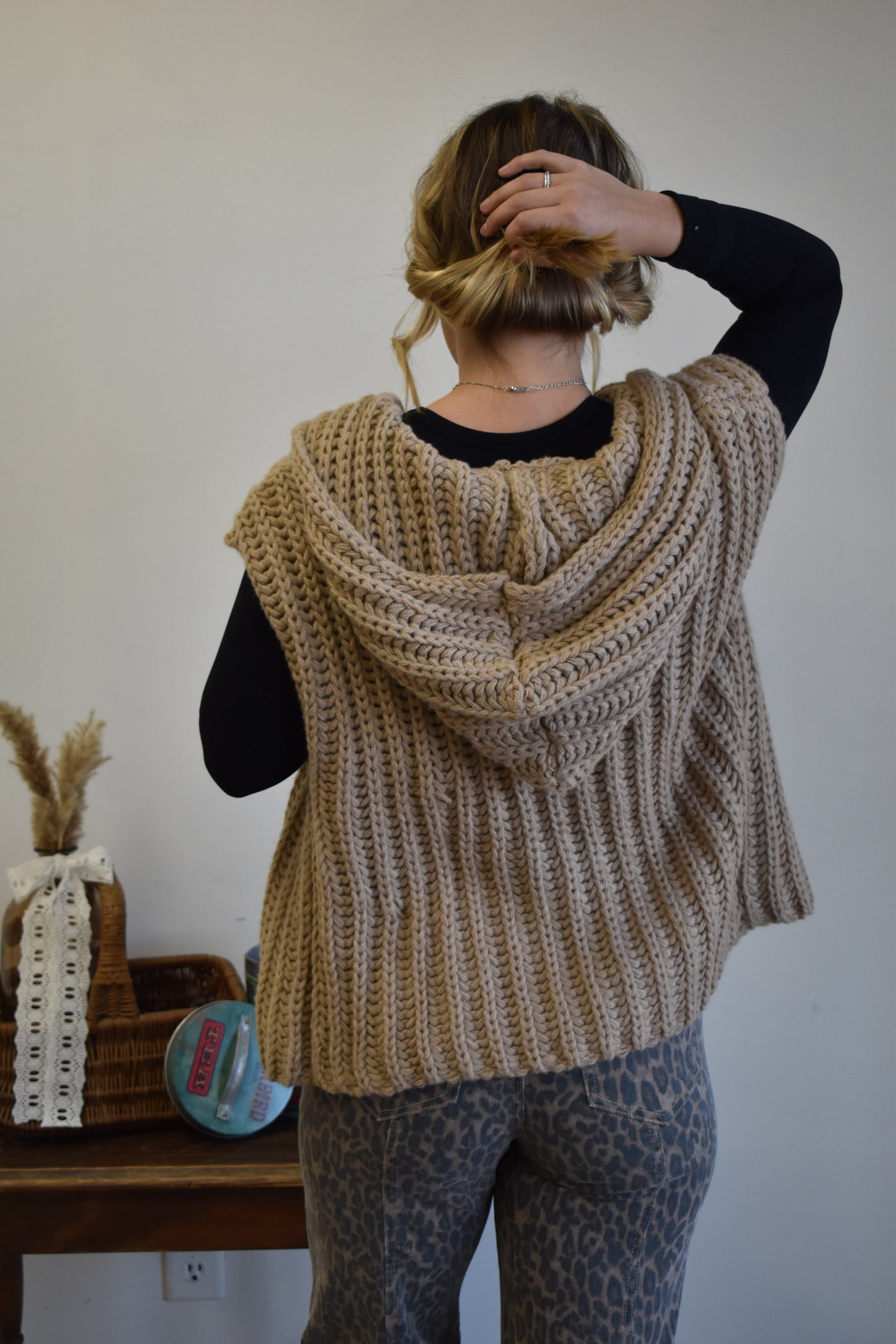 Oatmeal Chunky Knit Hooded Vest