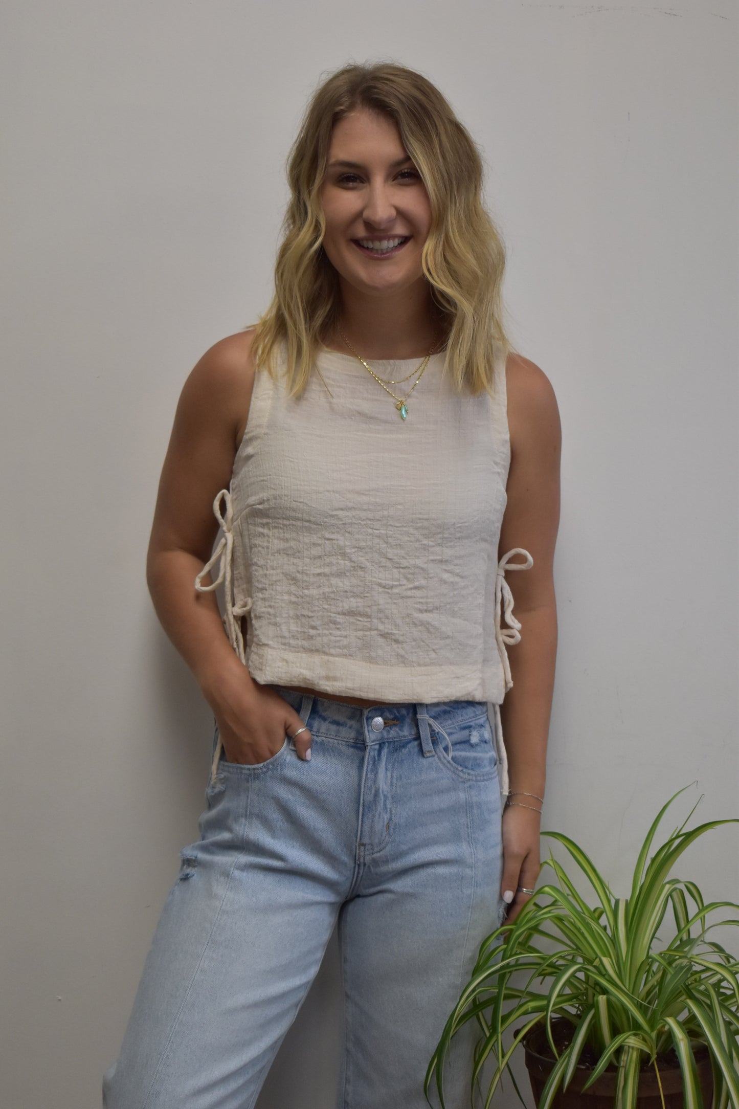 Nude Textured Side Tie Crop Top