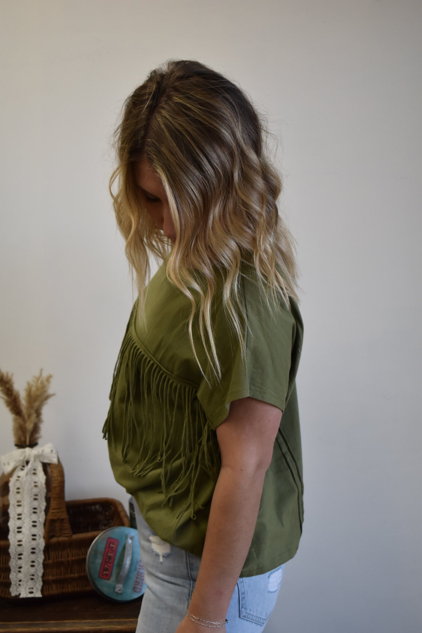 Olive Short Sleeve Fringe Top