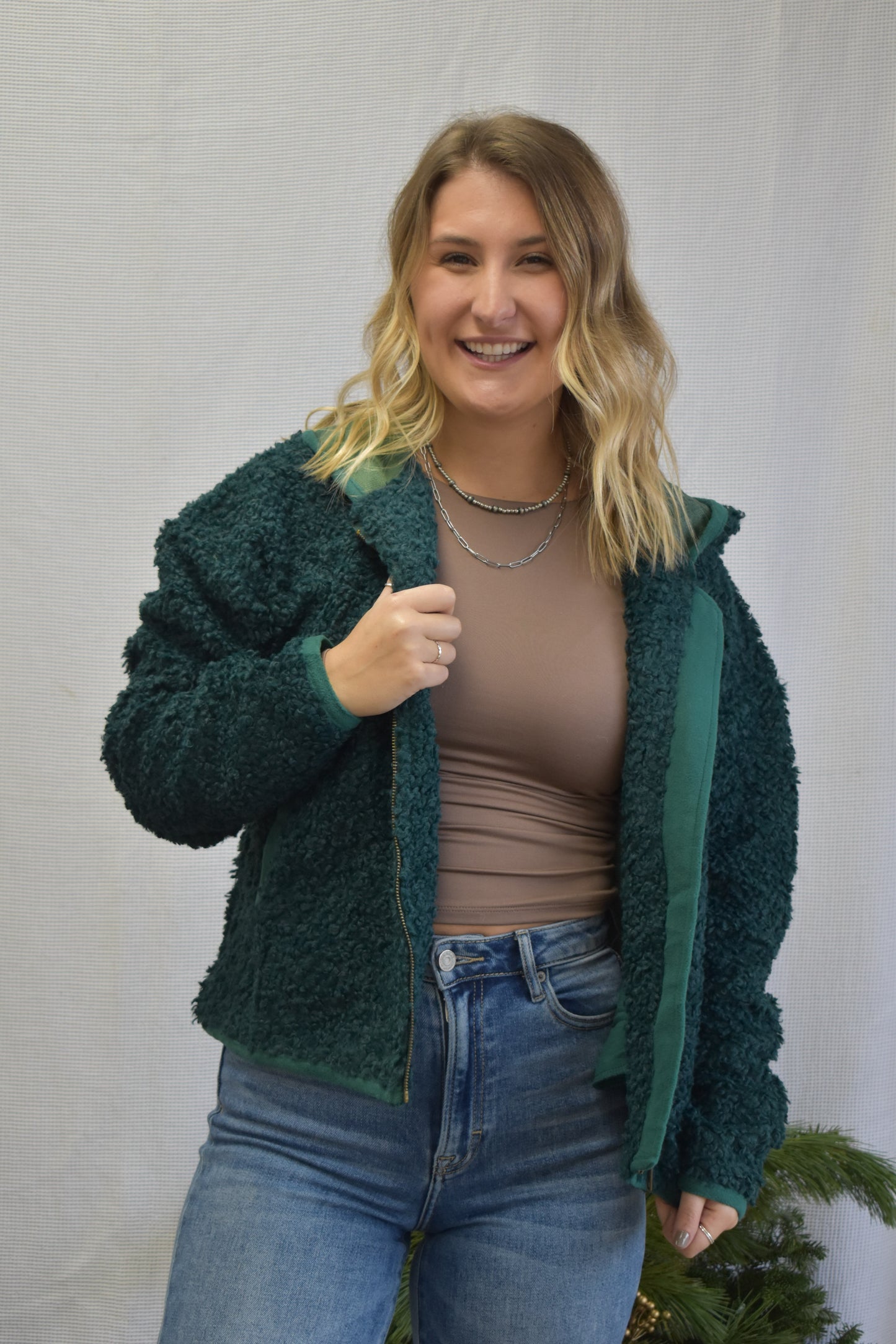 Hunter Green Hooded Sherpa Jacket