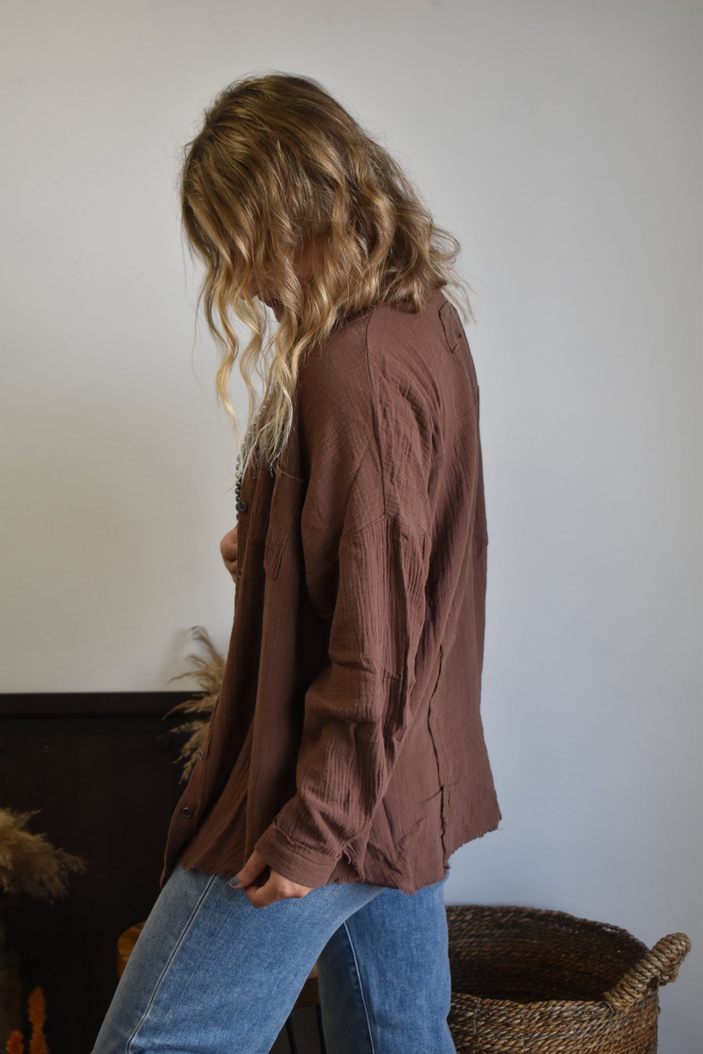 Mocha Gauze Long Sleeve Button Down