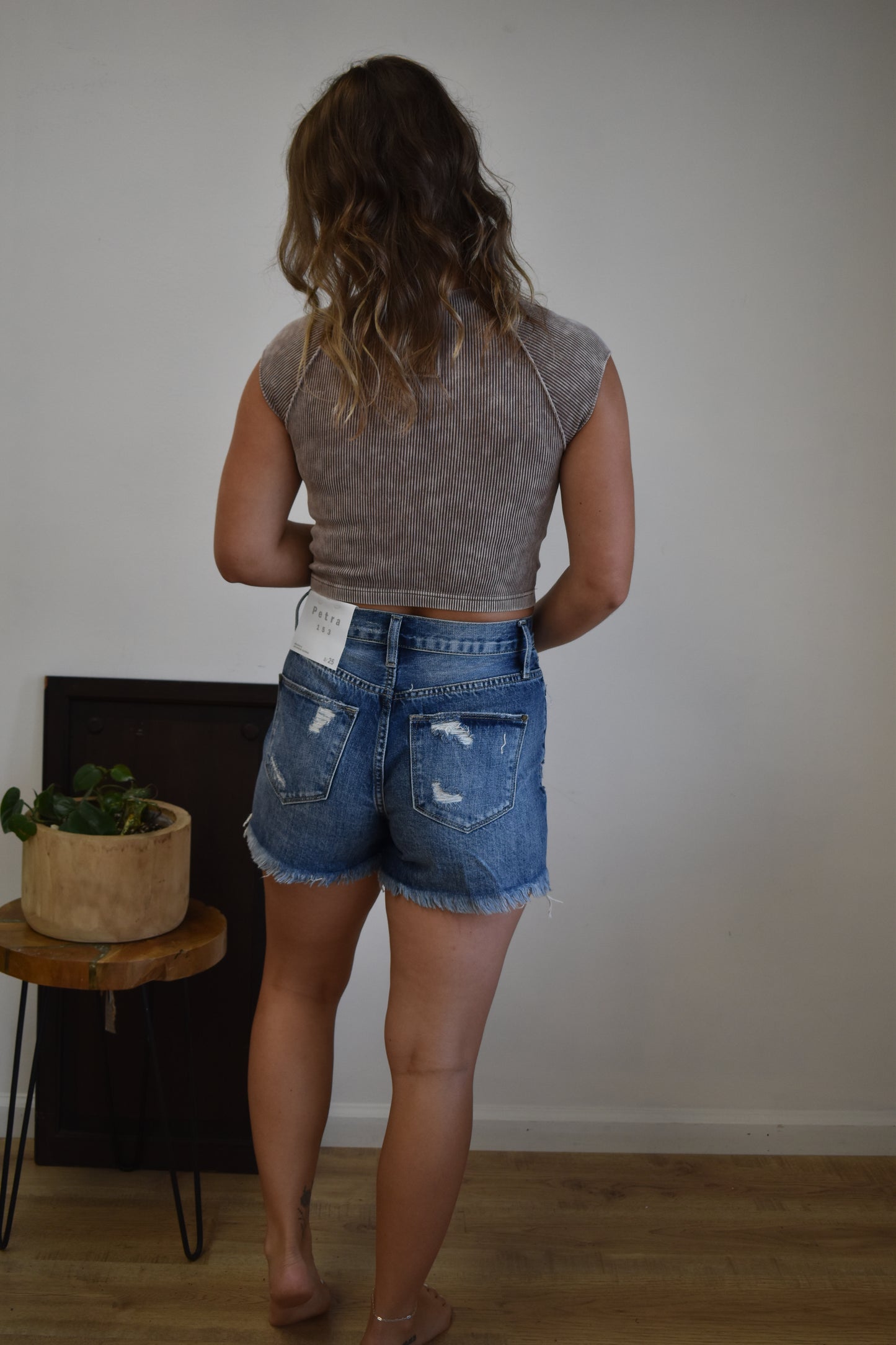 Dark Wash Distressed High Rise Shorts