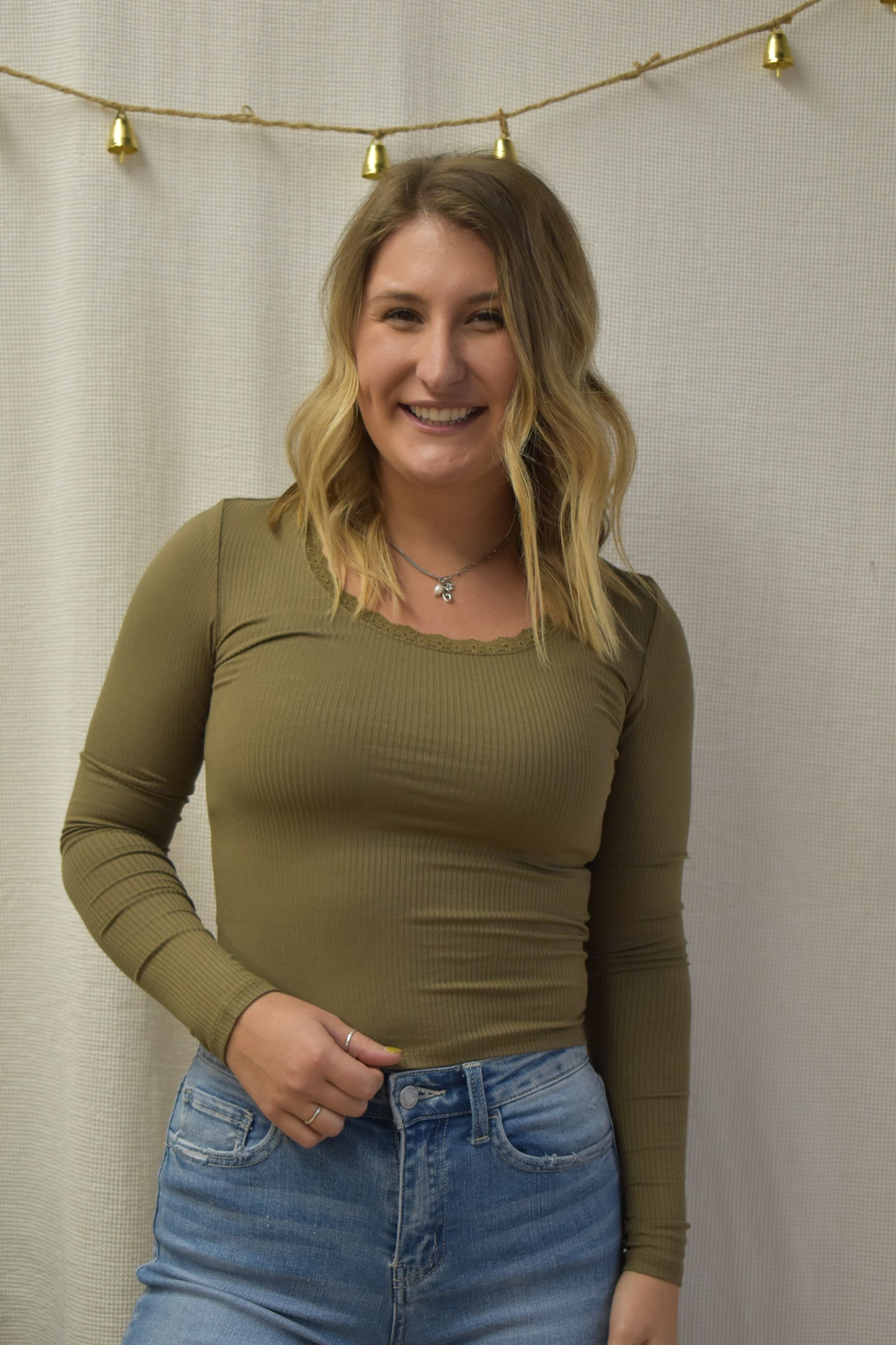 Ribbed & Lace Trim Long Sleeve