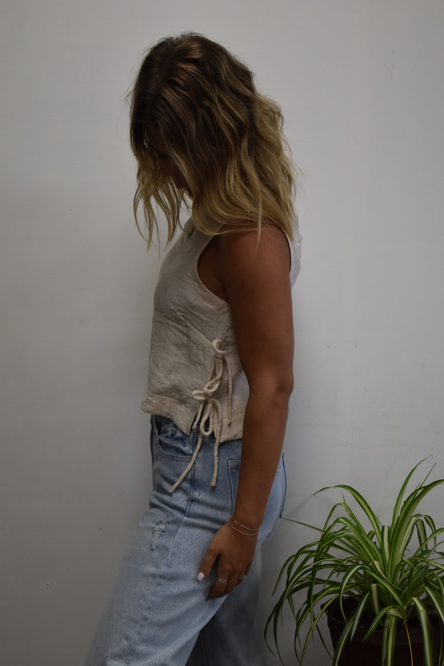 Nude Textured Side Tie Crop Top
