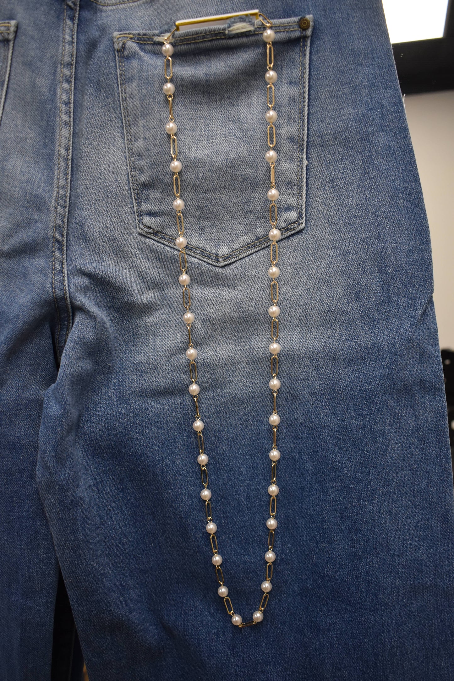 Long Pearl & Paperclip Chain Necklace