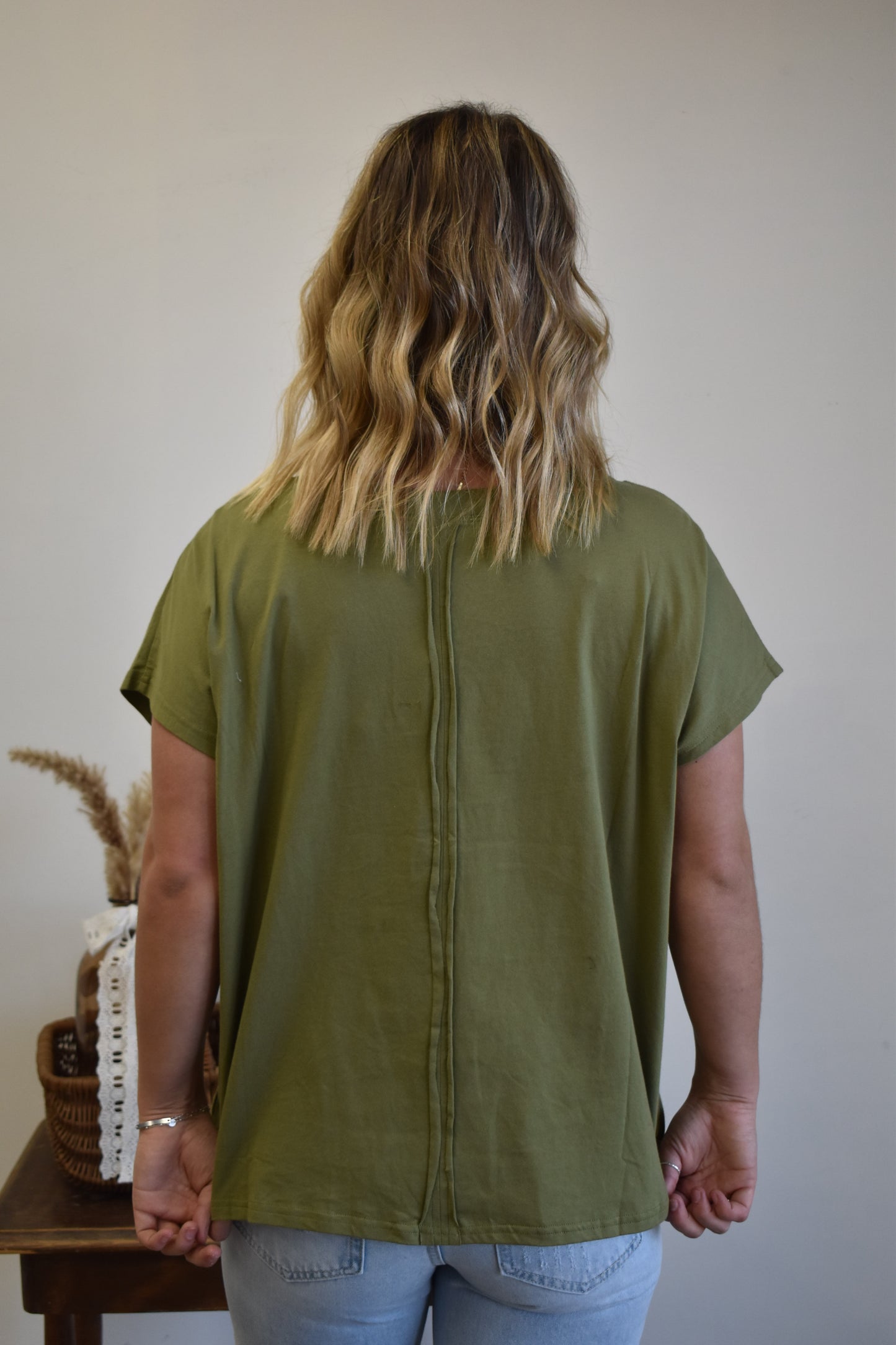 Olive Short Sleeve Fringe Top