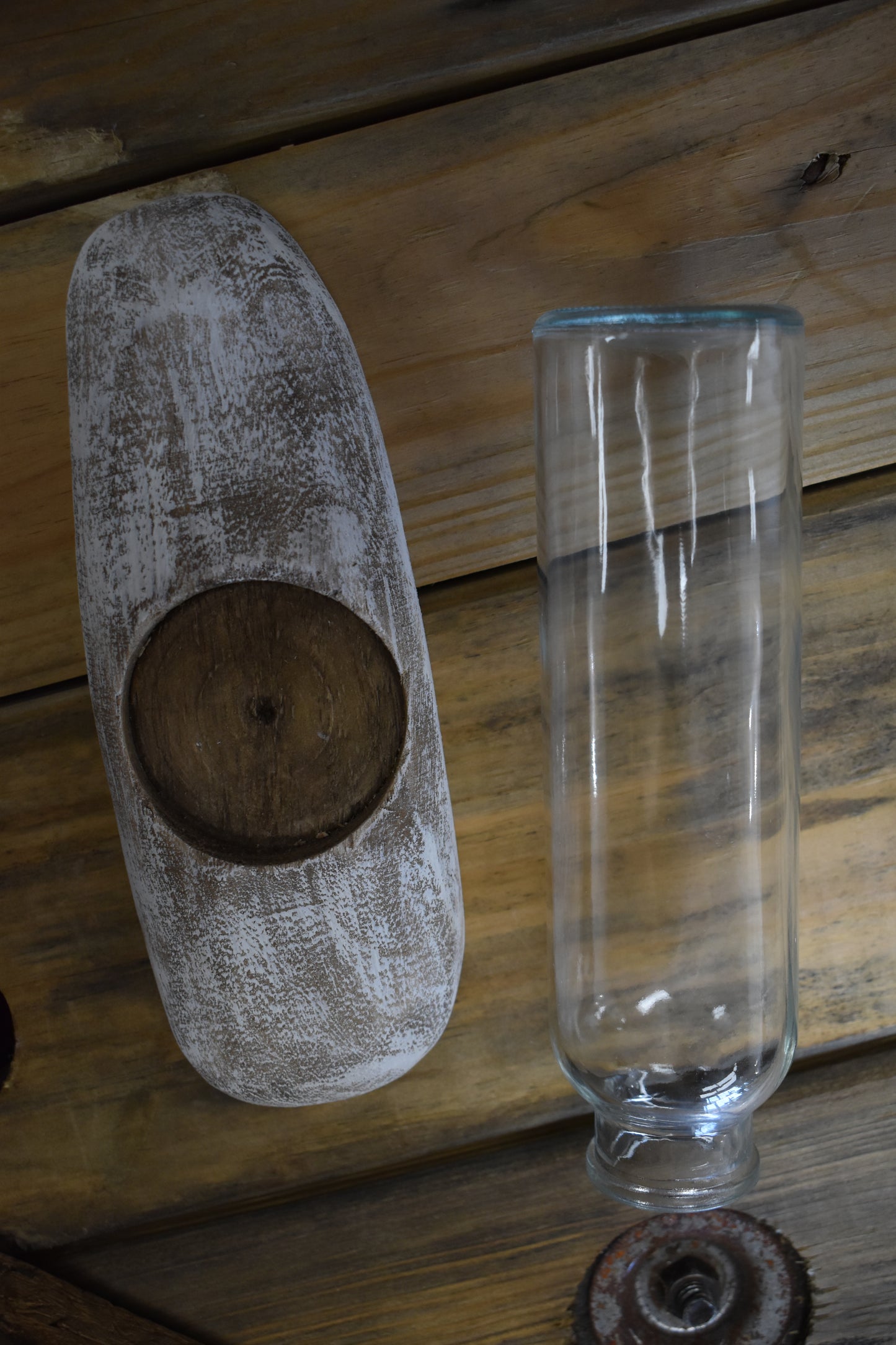 Whitewashed Wood Holder W/ Glass Vase