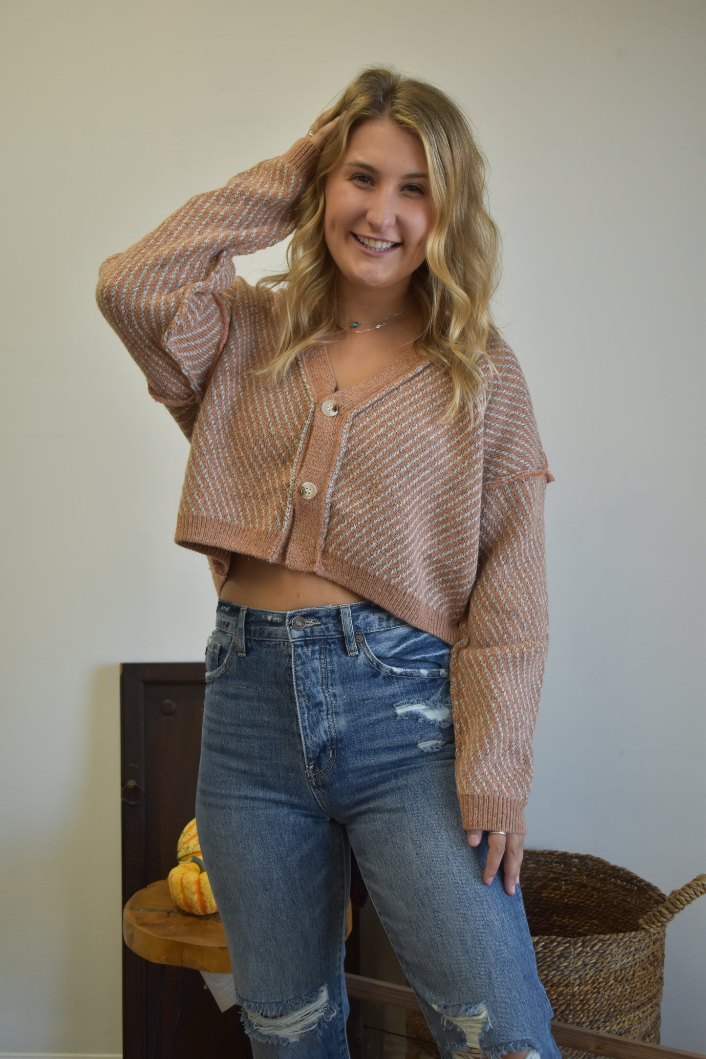 Heather Rust Cropped Button Down Sweater