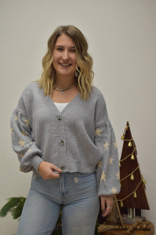 Grey Puff Sleeve Star Sweater