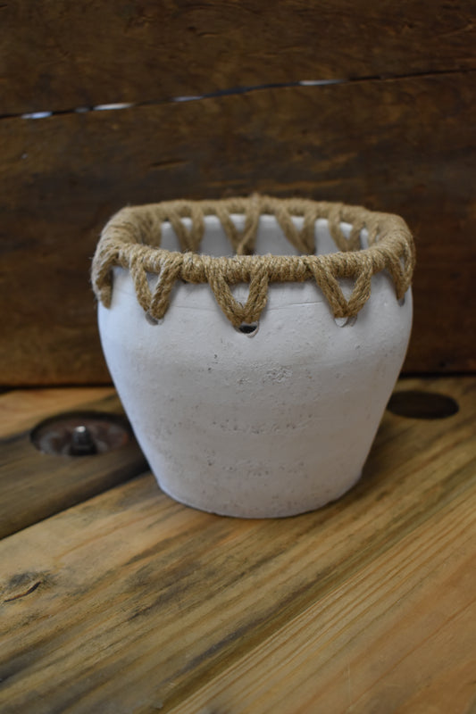 White Terracotta Planter W/ Jute Detailing