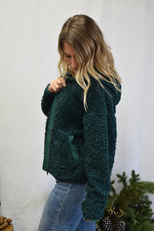 Hunter Green Hooded Sherpa Jacket