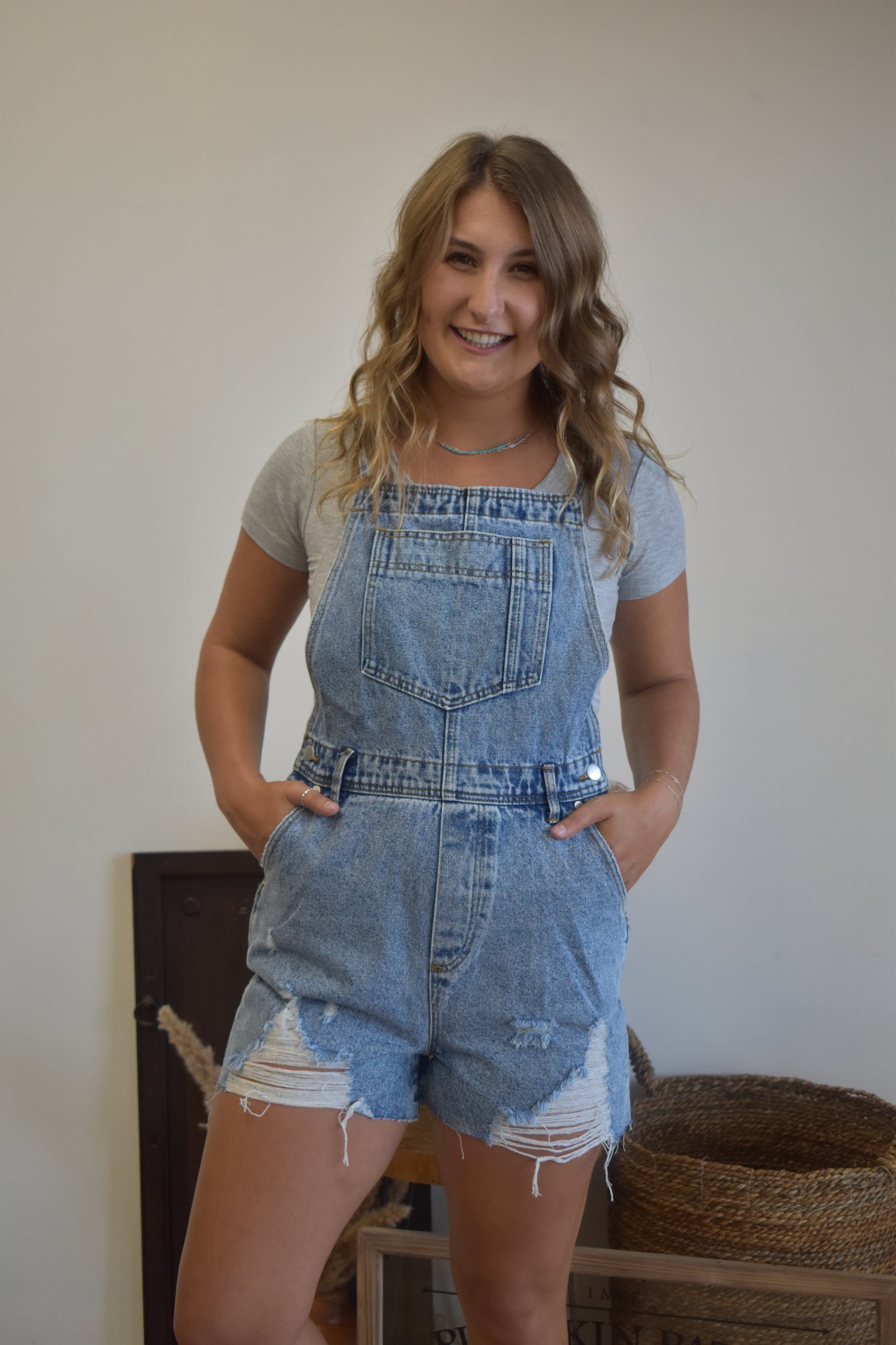 Distressed Denim Short Overall