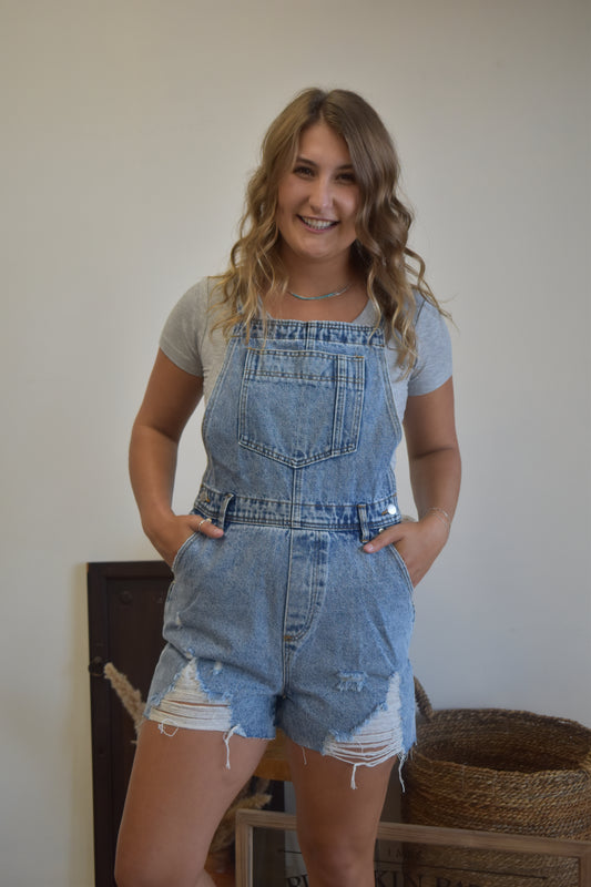 Distressed Denim Short Overall