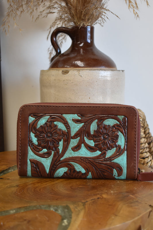 Teal & Chocolate Brown Tooled Wallet