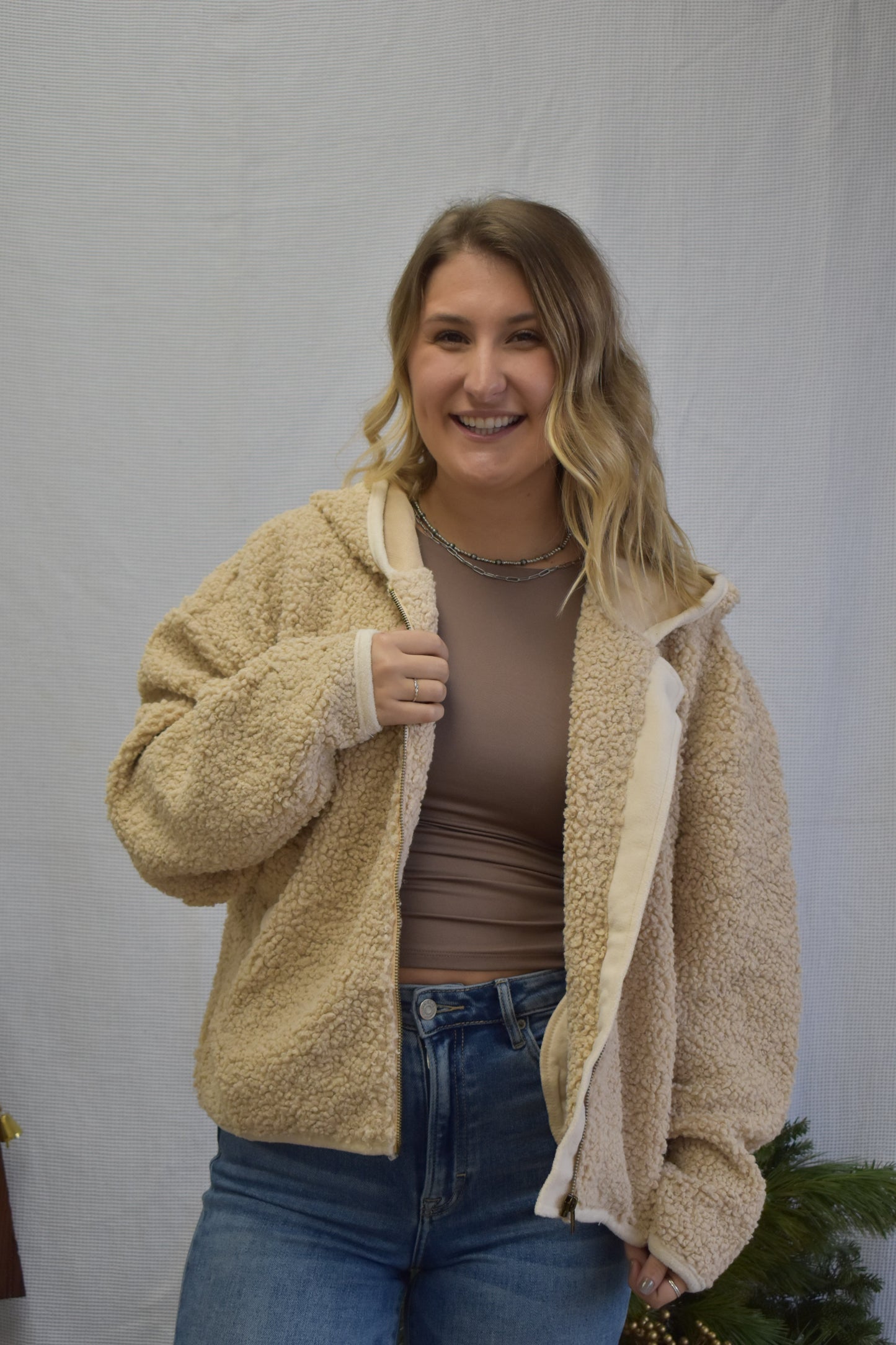 Taupe Hooded Sherpa Jacket