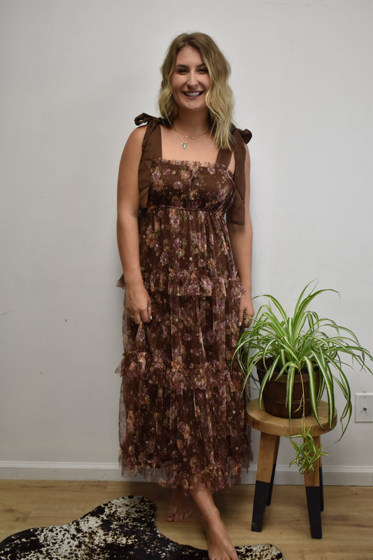 Mocha Chiffon Tiered Midi Dress