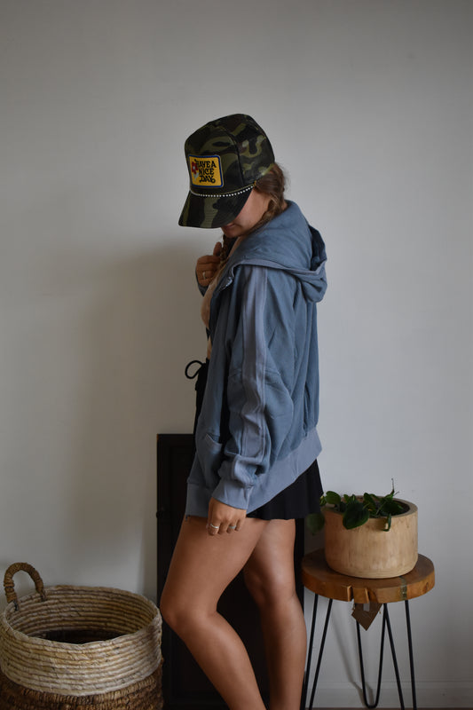 Denim Blue Waffle Knit Zip-Up Hoodie