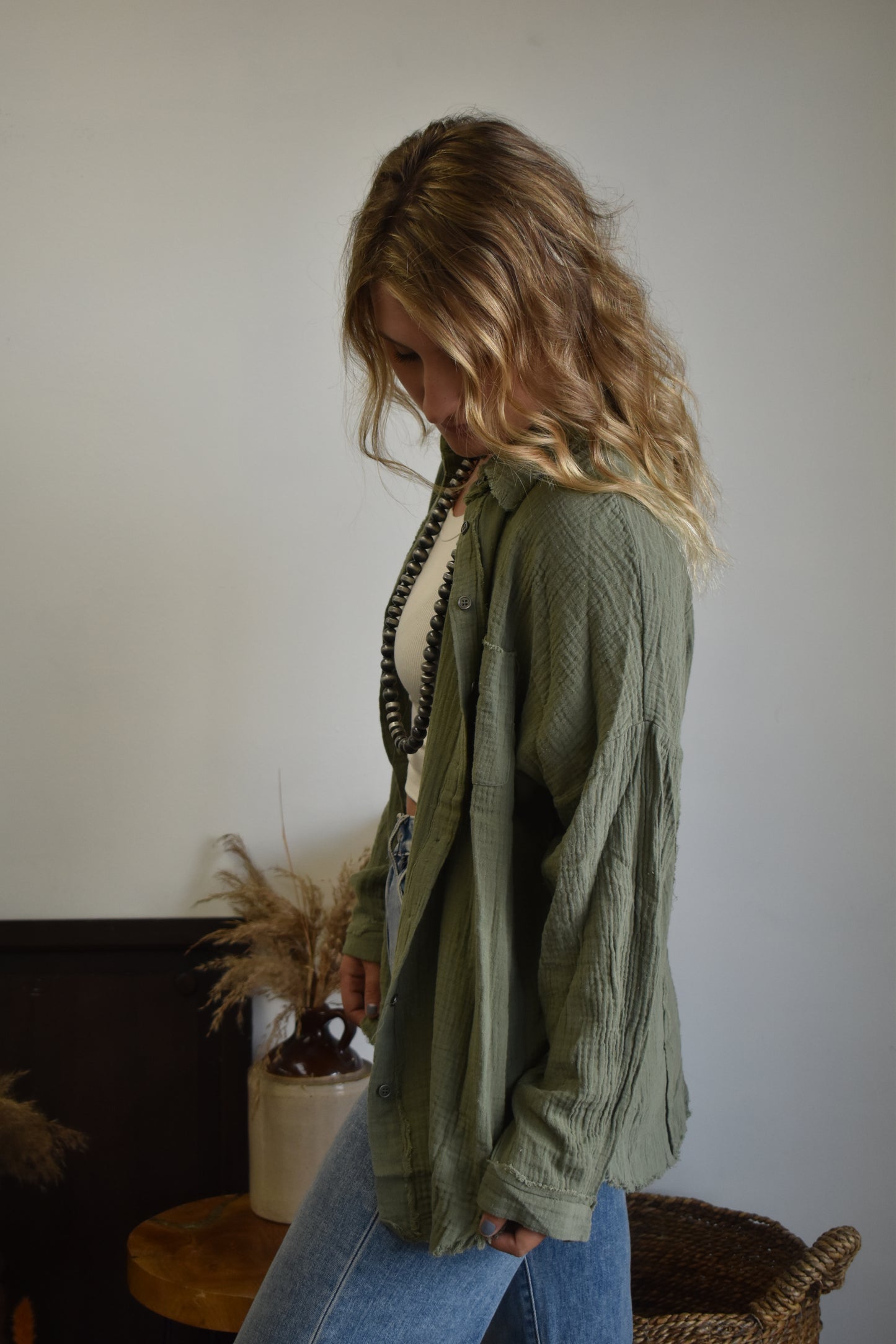 Olive Gauze Long Sleeve Button Down