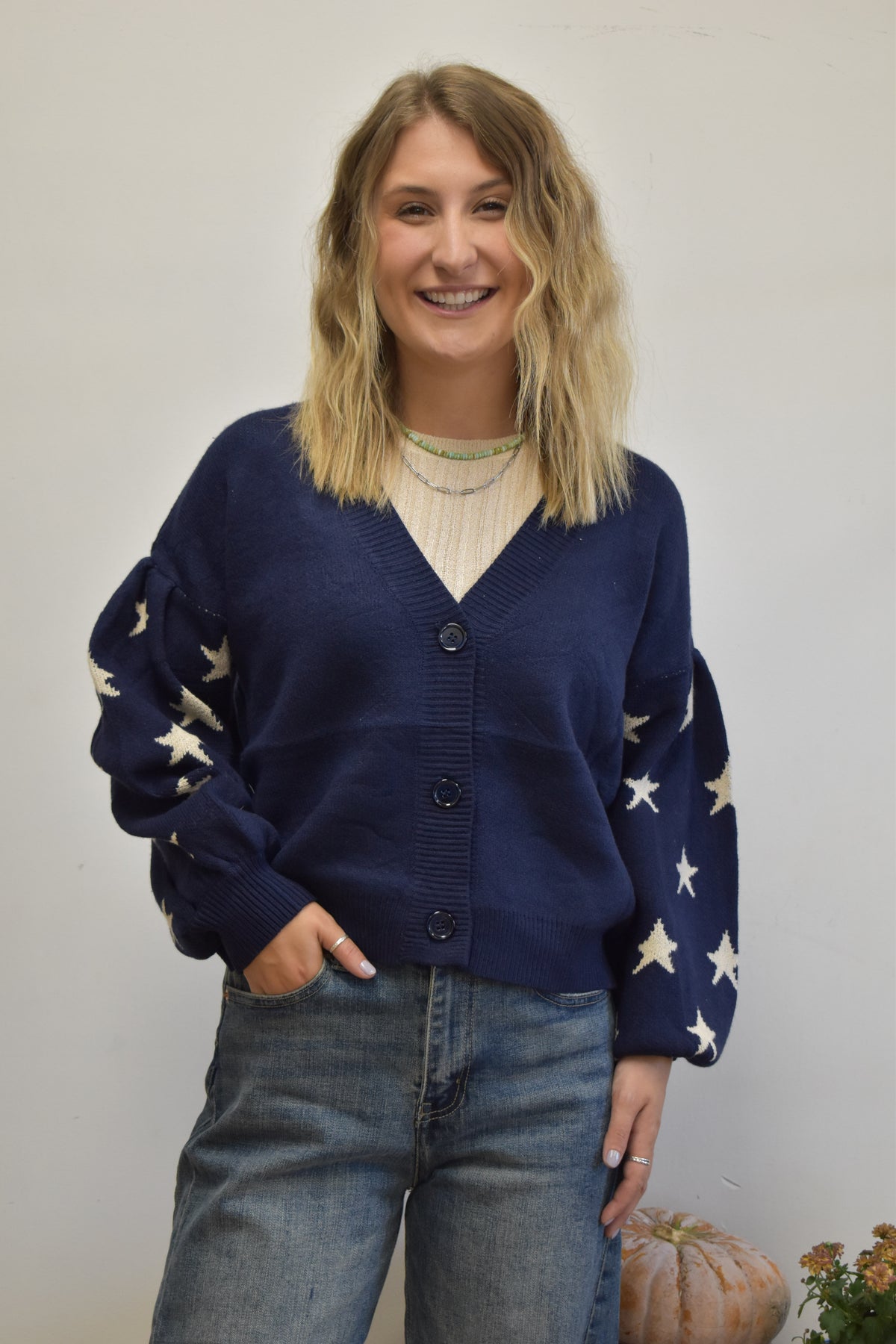 Navy Blue Star Sleeve Sweater
