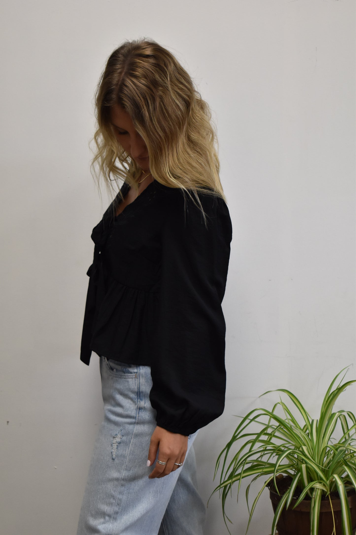 Embroidered Front Tie Long Sleeve Top