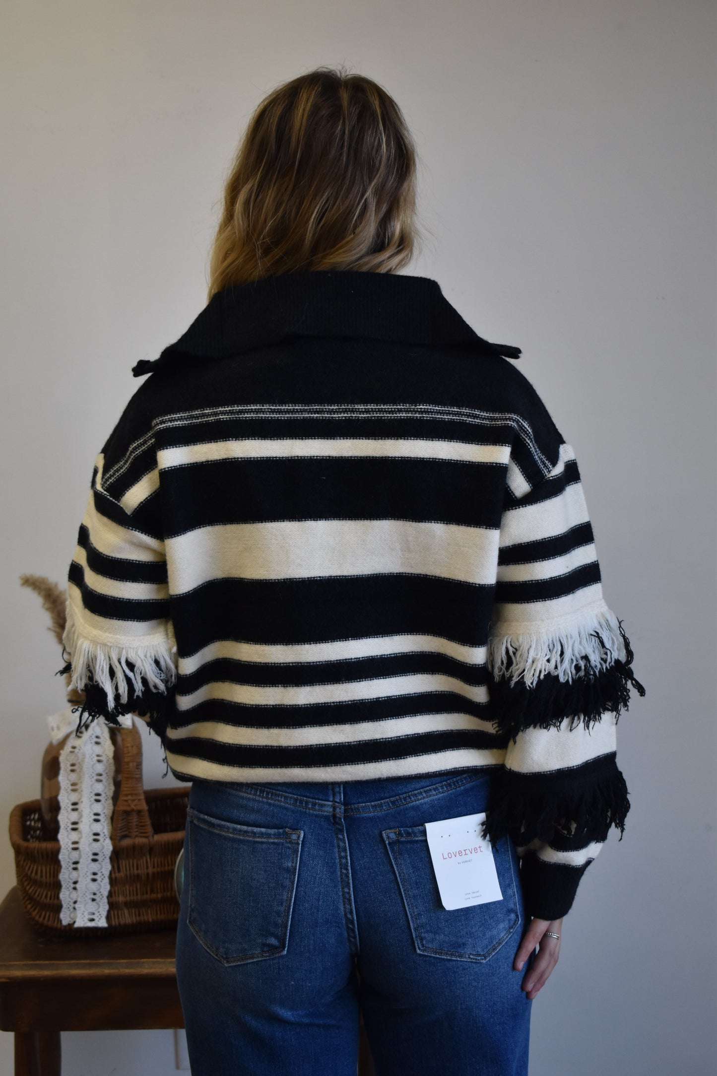 Black & Ivory Tassel Sweater