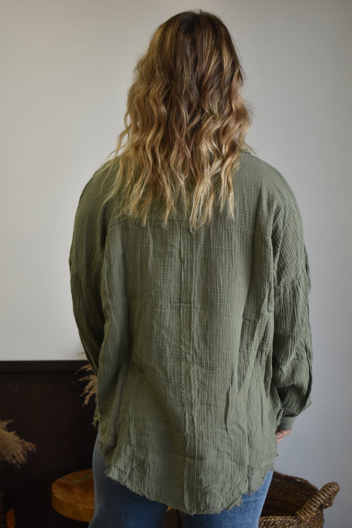 Olive Gauze Long Sleeve Button Down