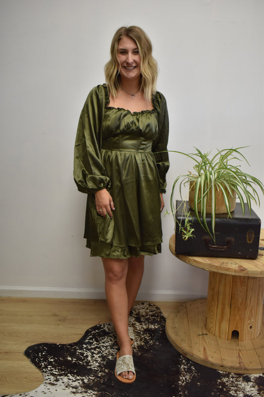 Olive Satin Smock Dress